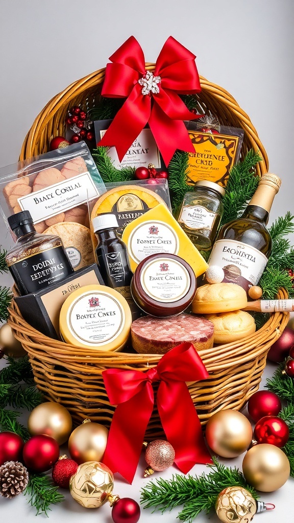 A festive Christmas gift hamper with gourmet foods, decorated with a red ribbon and holiday ornaments.